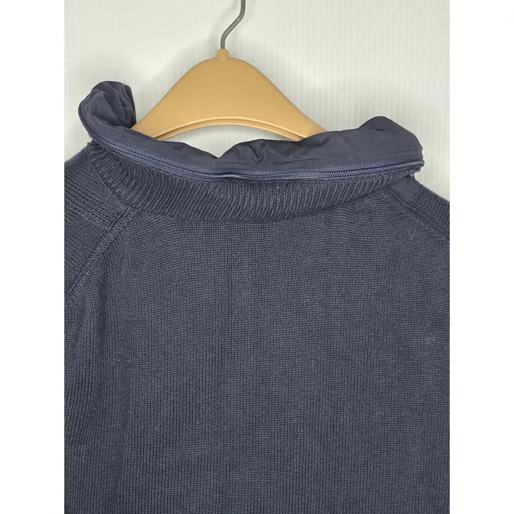 Orvis Size Medium Navy Blue Cotton Blend Button Mock Neck Sweater Front Pocket